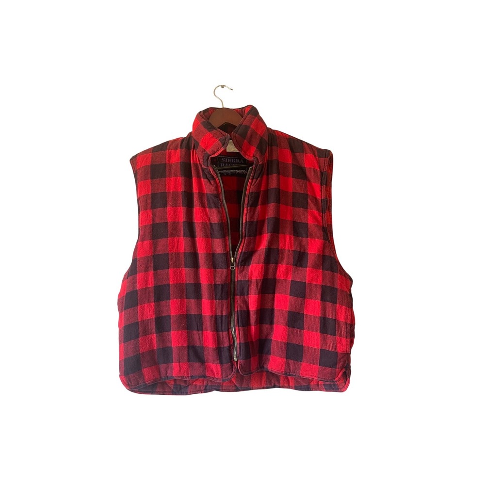 Vintage Mens‎ Red Black Buffalo Plaid Quilted Puffer Flannel Zip Up Vest Large